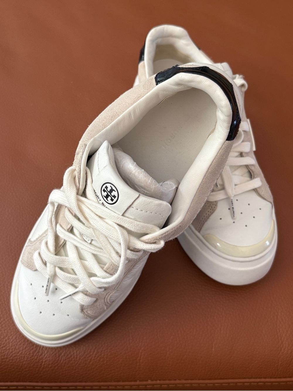 Tory Burch Cream and White Mixed-Media Platform Sneakers